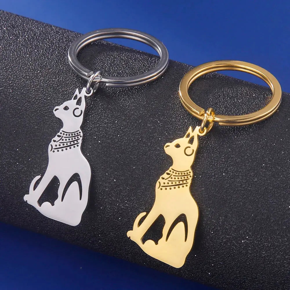 Dawapara Ancient Egypt Animal Cat Tote Keychain Bastet Cat Egyptian Goddess of Protection Pendant Stainless Steel Couple Jewelry Vraiment-chat
