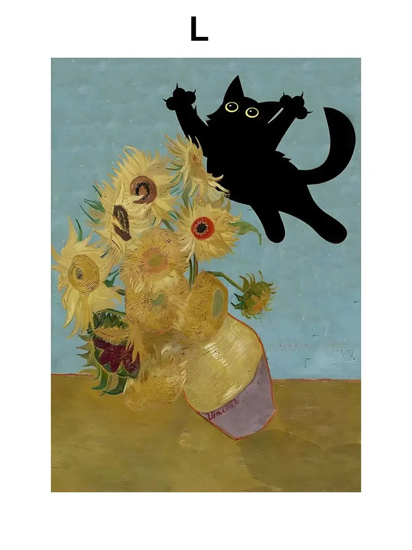 Funny Art Matisse Monet Black Cat Van Gogh Sunflowers Canvas Painting Posters and Prints Wall Pictures for Living Room Decor Vraiment-chat