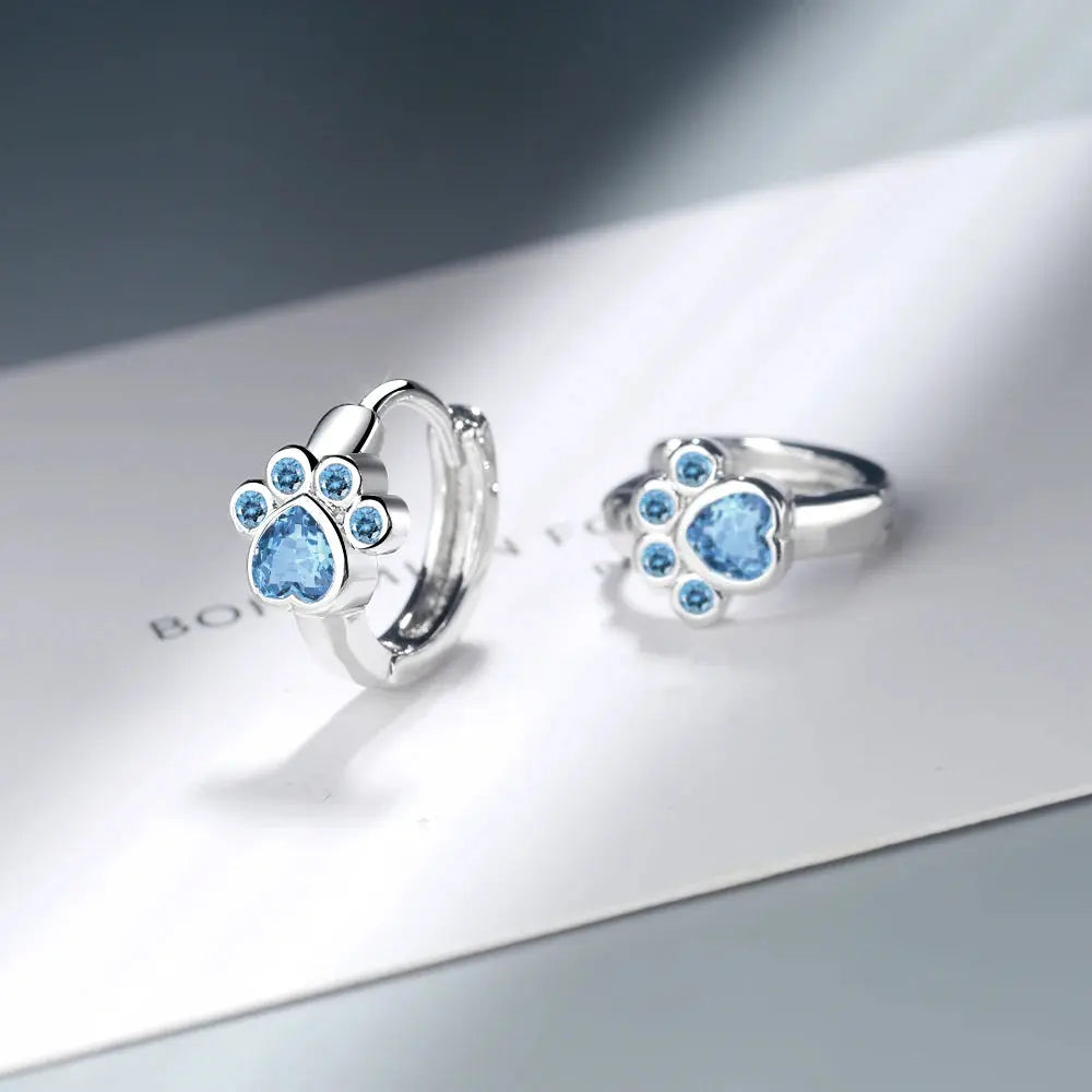 Simple Cute 925 SIlver Needle Animal Cat Paw Mark Blue Mosaic Zircon Crystal Earrings For Women Promise Wedding Band Jewelry Vraiment-chat