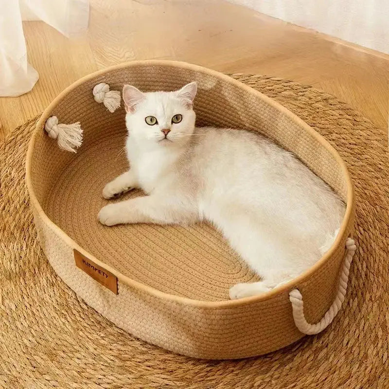 Japanese Pet Cat Bed Oval Shape Hand Woven Rattan Cat Beds Summer Cooling Kitten Basket Cotton Rope Cat Scratching Baskets Vraiment-chat