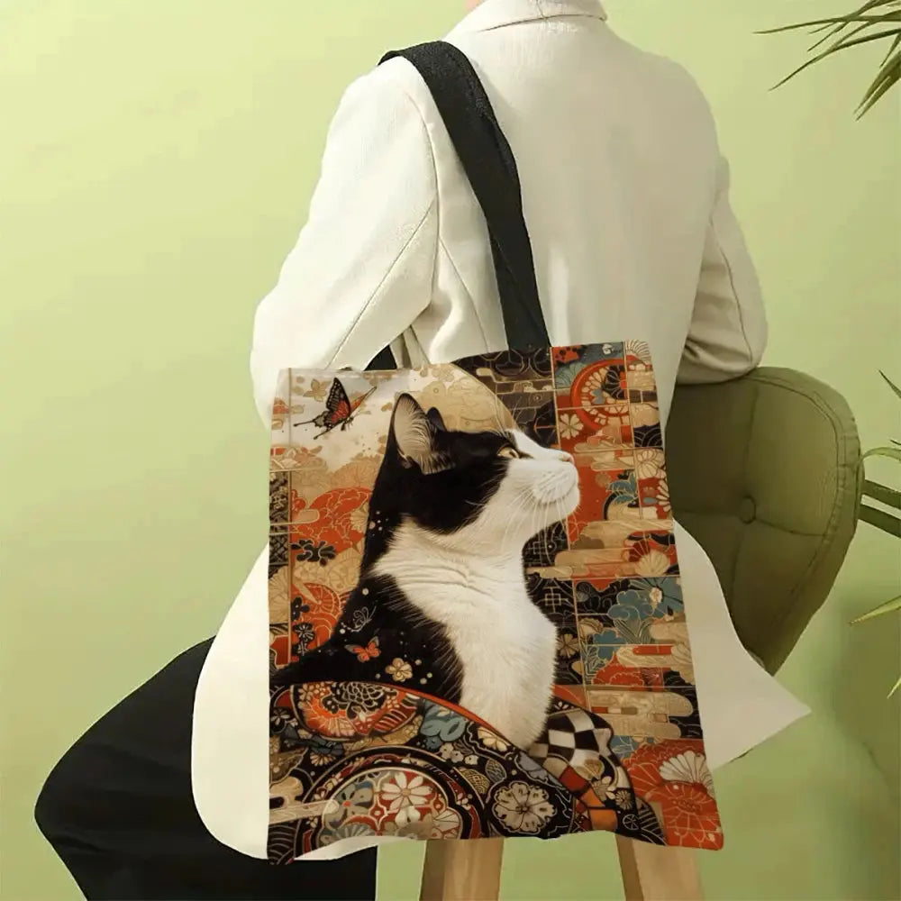 Classic Black And White Cat Tote Bag With Cat Print, Reusable Shoulder Shopping Beach Bag For Women, Durable Casual Carryall Vraiment-chat