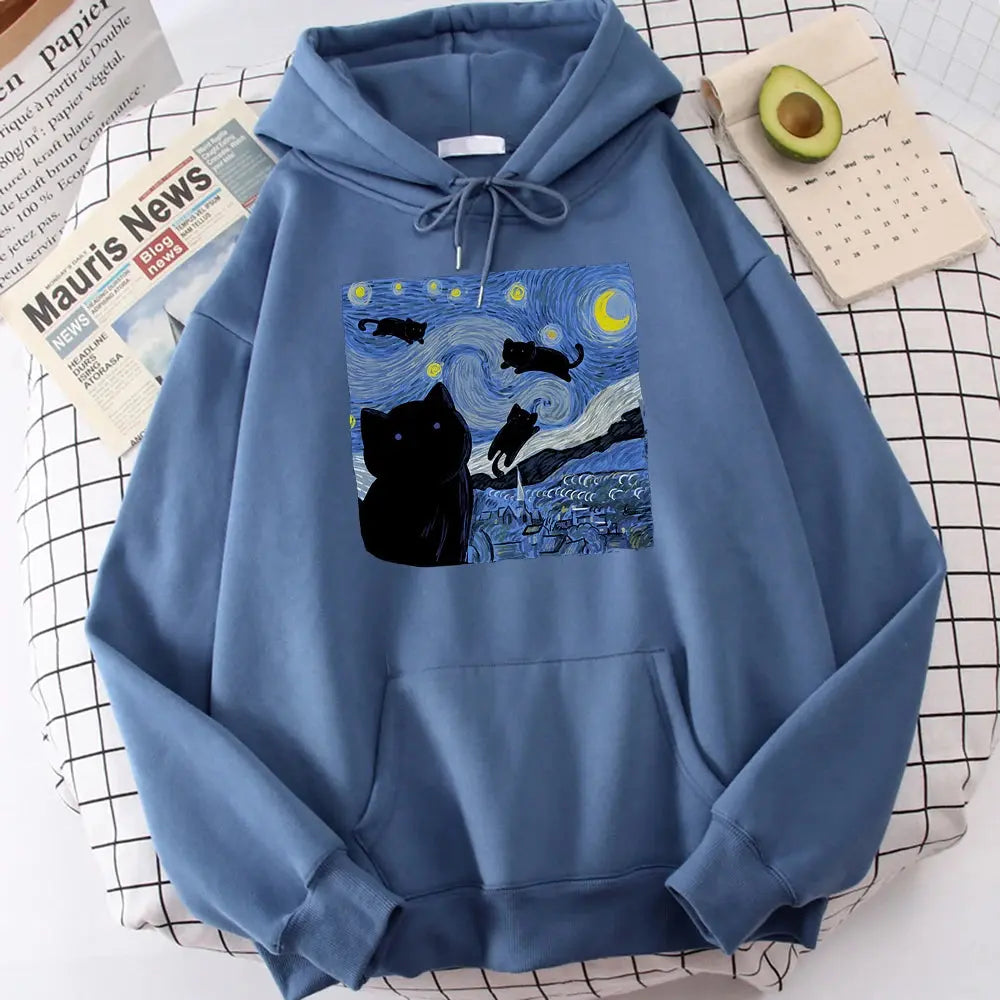 The Starry Cat Night Printing Hoodies Men Autumn Oversize Hoodie Fashion Fleece Sweatshirts Casual S-Xxl Pullover Tops Vraiment-chat
