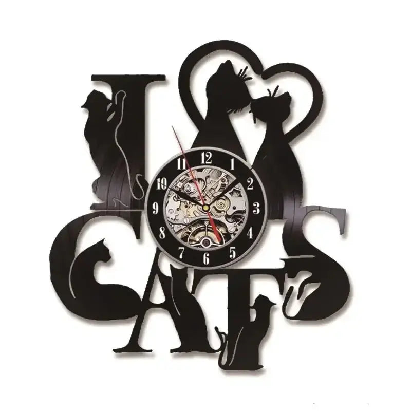 I Love Cats Record Wall Clock Vintage LED Vinyl Kitten Art Silent Unique Decorative 3D Hanging CD Wall Clock 7 Cats Vraiment-chat