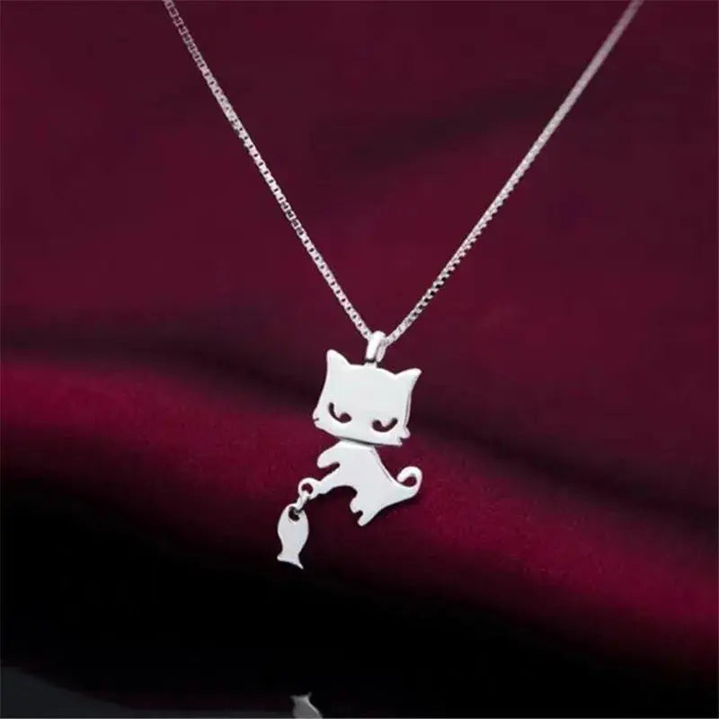 New Simple Creative Cute Kitten And Fish 925 Sterling Silver Jewelry Fashion Animal Popular Cat Clavicle Chain Necklaces  XL069 Vraiment-chat