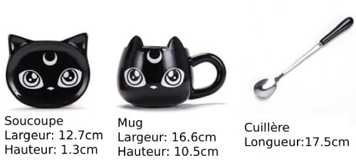 dimensions pour mug chat noir soucoupe et cuillère