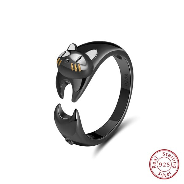 Bague Chat Noir Enroulant Argent Vraiment Chat