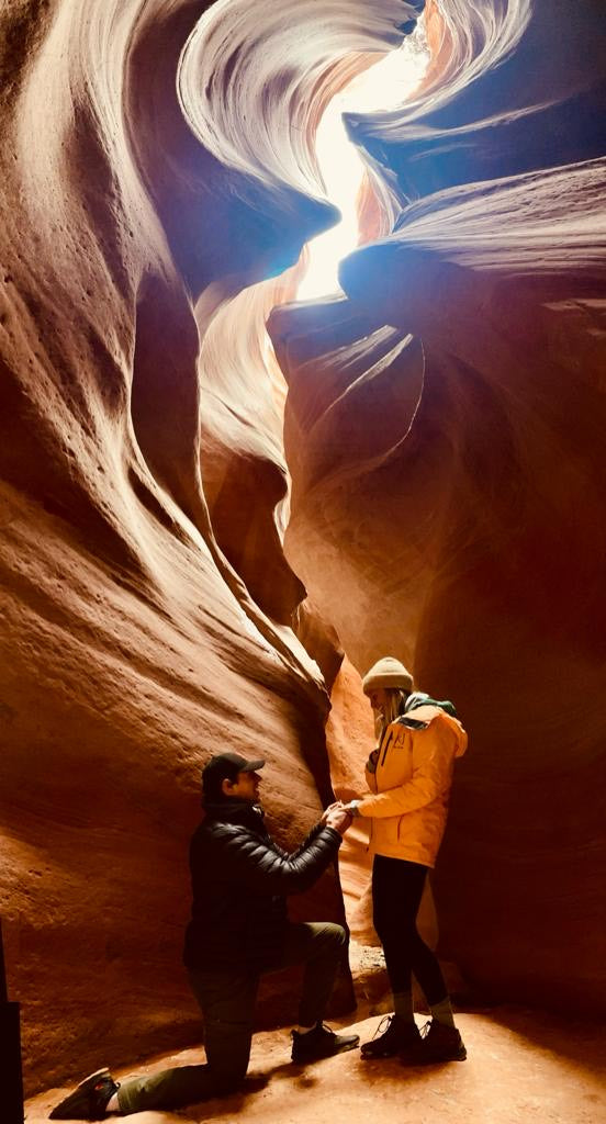 Surprise proposal in Zion National Park, sculpted four claw white diamond engagement ring