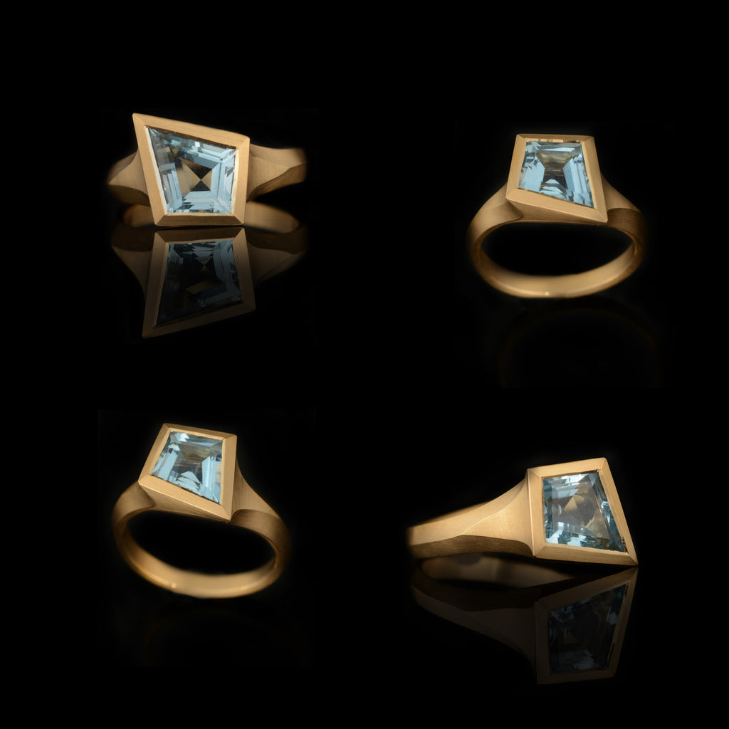 Kite Shaped Aquamarine Yellow Gold Aegis Carved Ring