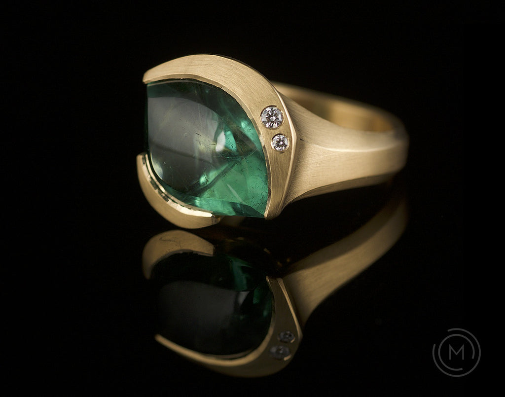 Arris hand-carved rose gold cocktail ring with tourmaline and diamonds