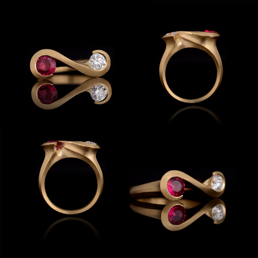 Ruby and white diamond zeta ring in 18ct yellow gold multiimage