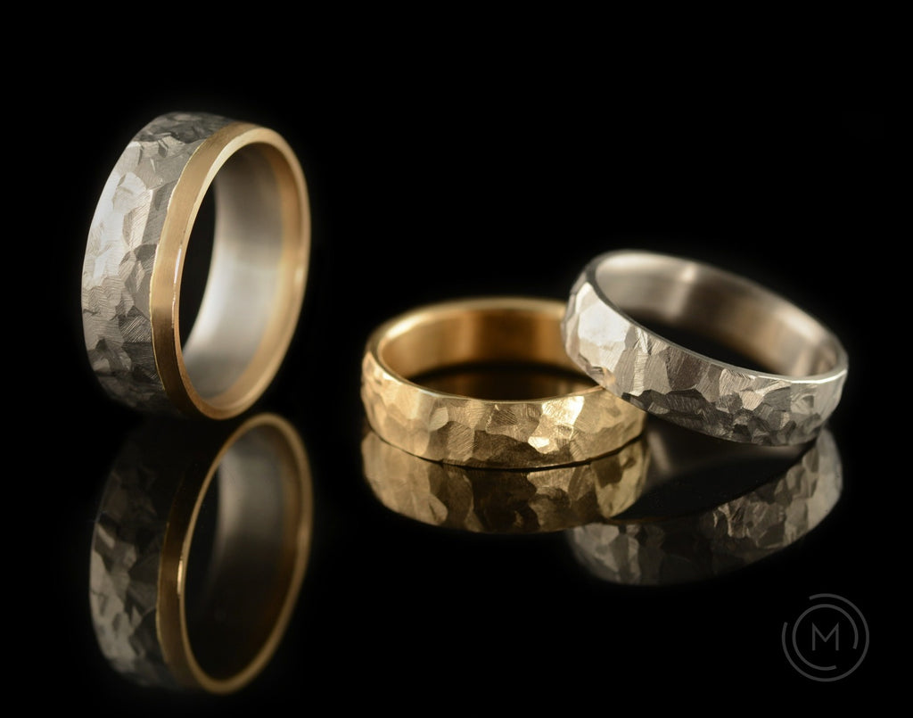 Bi-metal hammered gold and platinum wedding rings