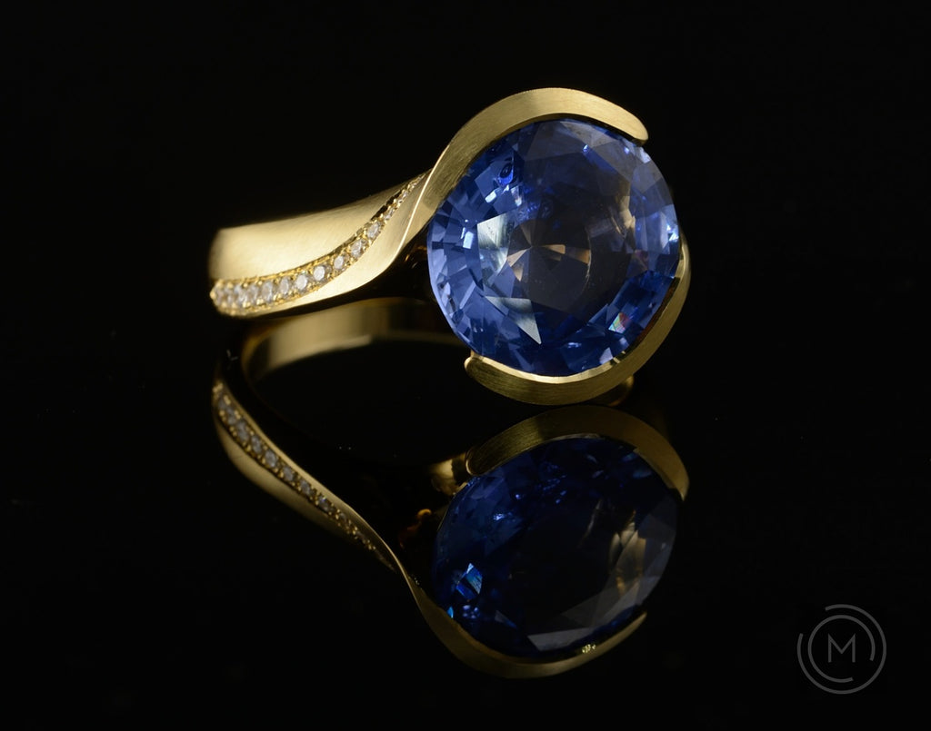 Yellow gold sapphire and diamond hand-carved Arris cocktail ring