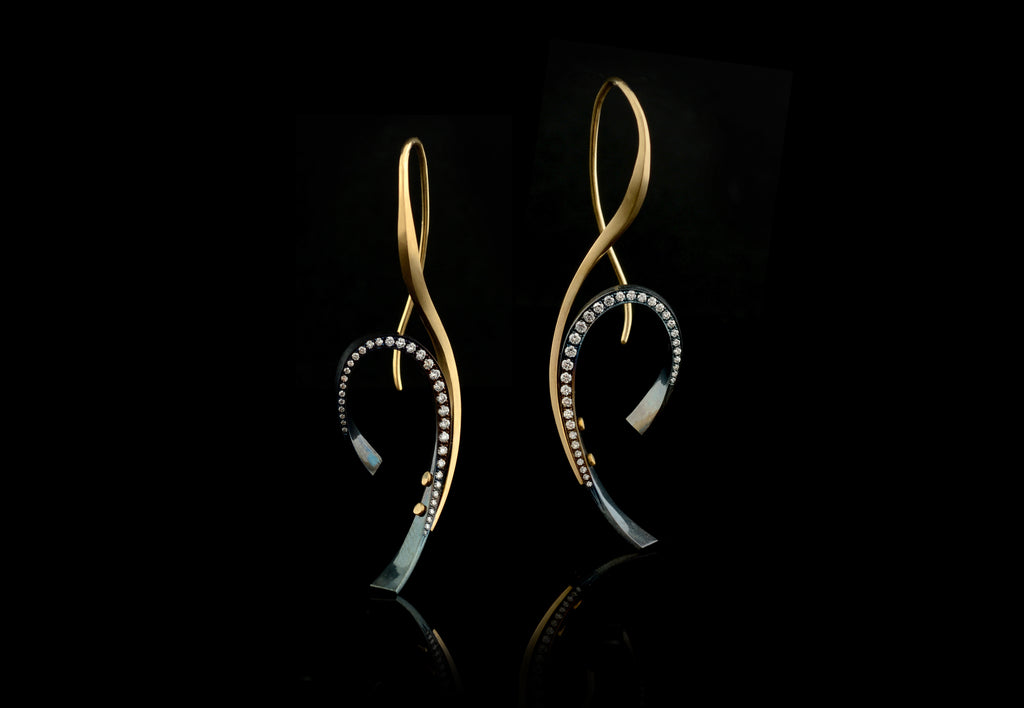 Hand forged gold and iron drop diamond earrings 