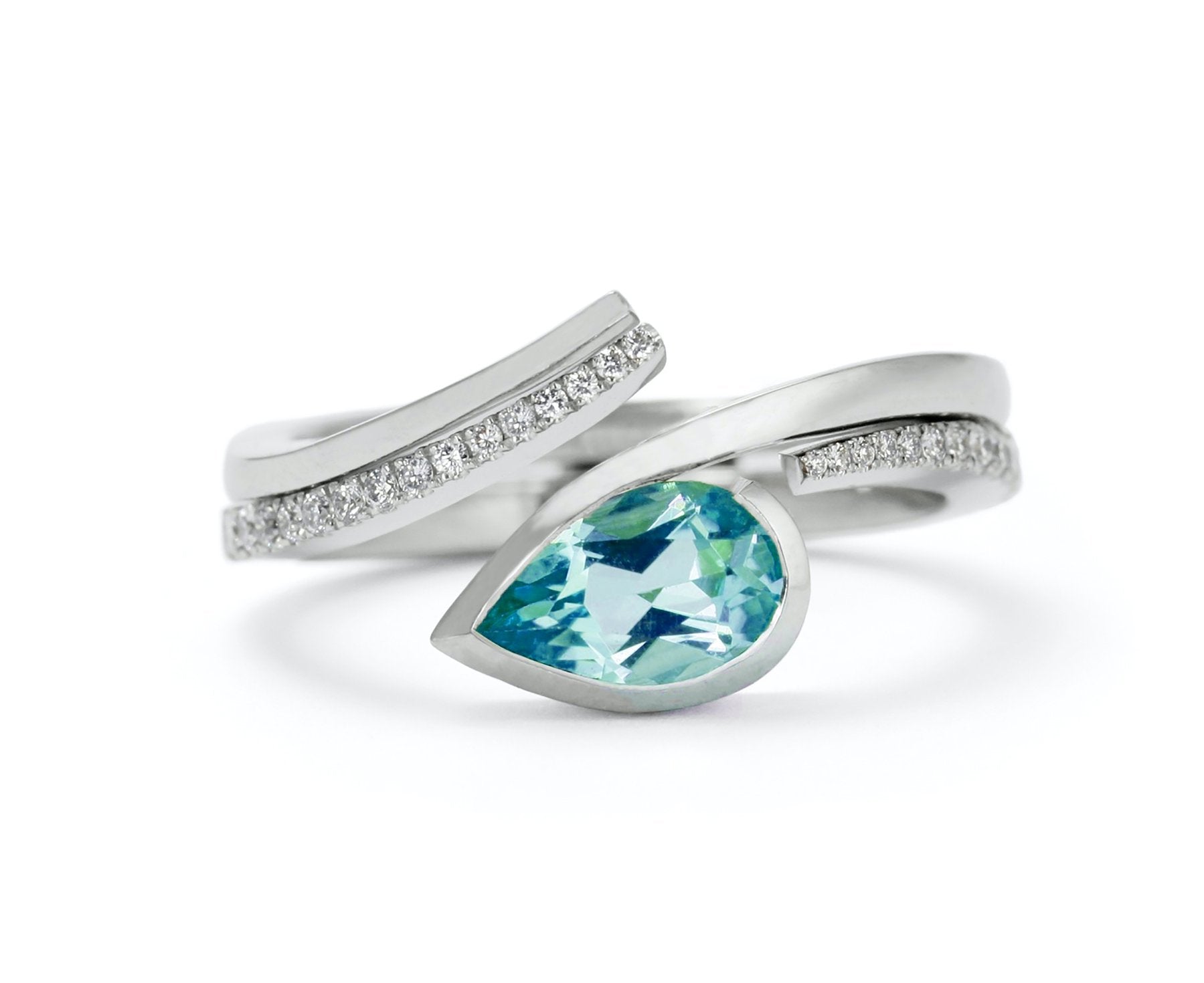 Hand-forged platinum Twist engagement ring with pear Paraiba tourmaline