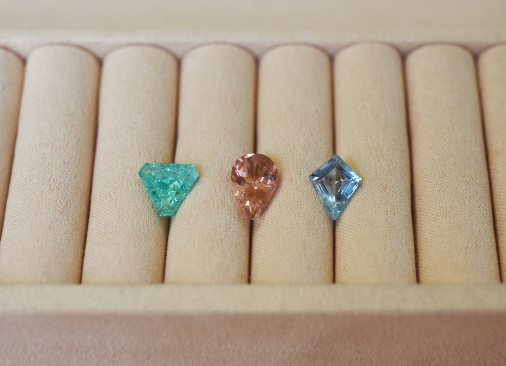 McCaul Inhorgenta gemstones Paraiba tourmaline, Rose Tourmaline and Aquamarine 