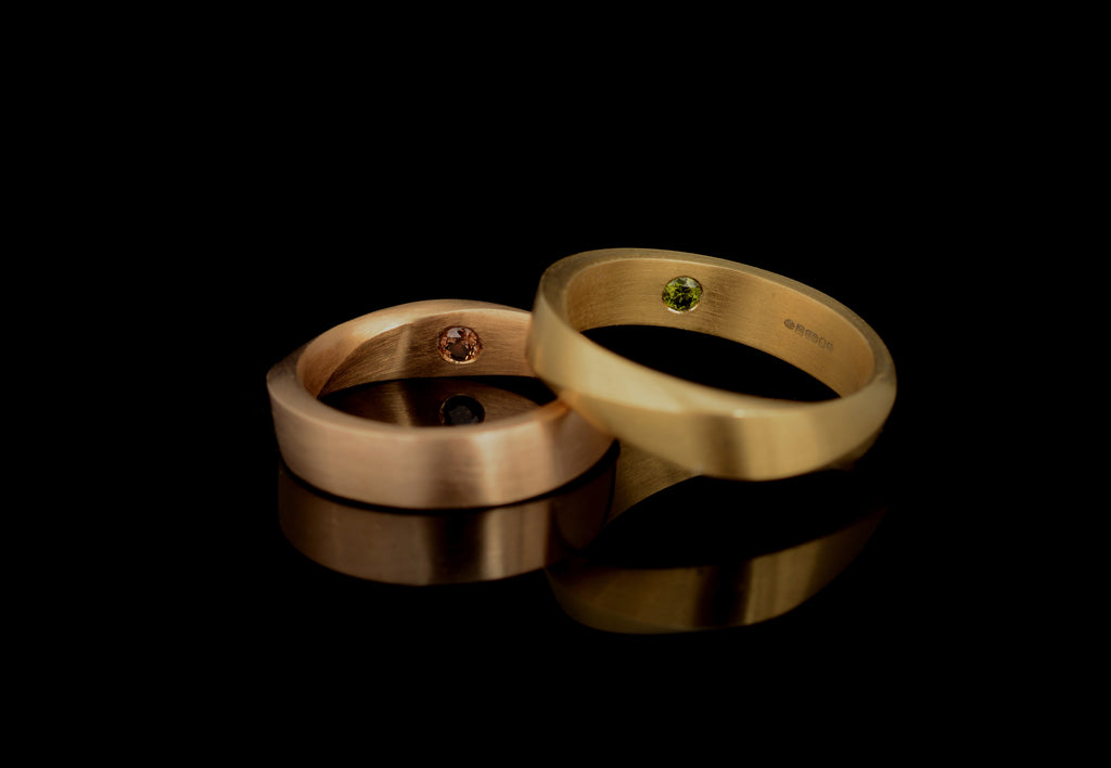 Mobius mens engagement rings yellow gold with green diamond and rose gold with cognac diamond 