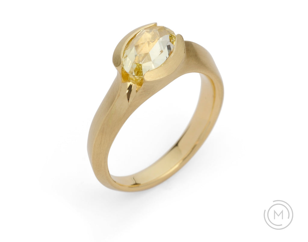 Hand-carved modern engagement ring with rose-cut yellow diamond