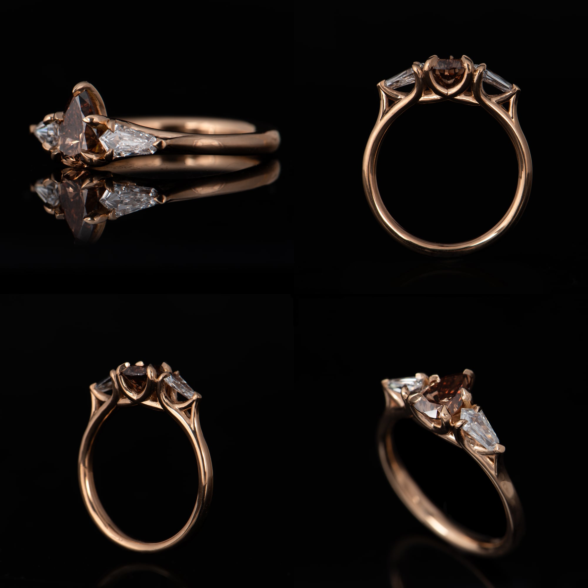 Multi view image of rose gold and pear shape cognac diamond and shield shaped white diamond ring