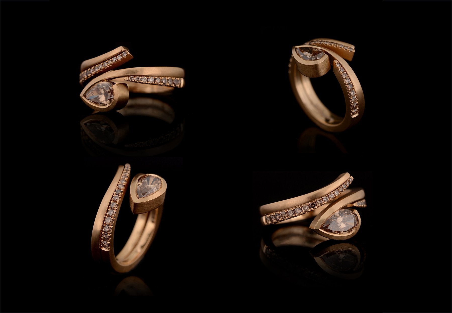 fitted rose gold and cognac diamond wedding band with cognac pear Twist engagement ring