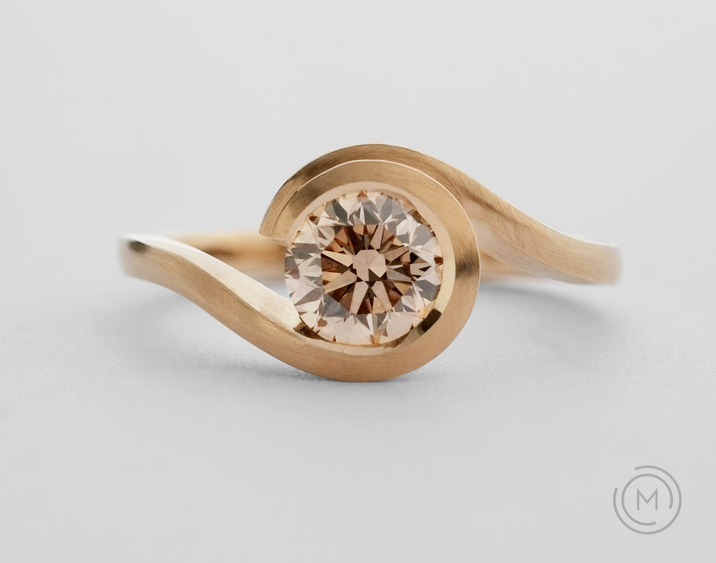 Unusual rose gold 'Wave' engagement ring with cognac coloured diamond
