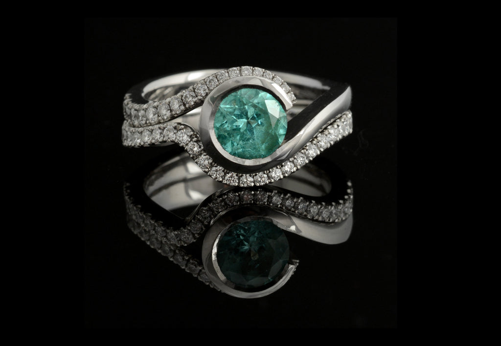 Paraiba tourmaline wave with diamond set wedding band