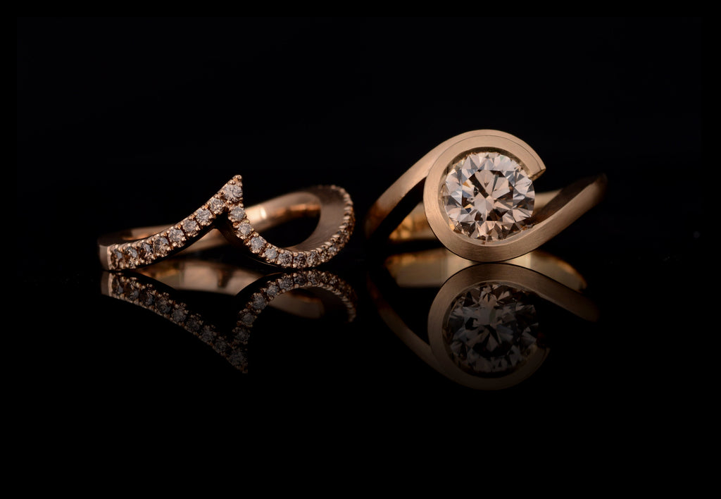 Rose gold fitted wedding band and wave engagement ring with cognac diamond