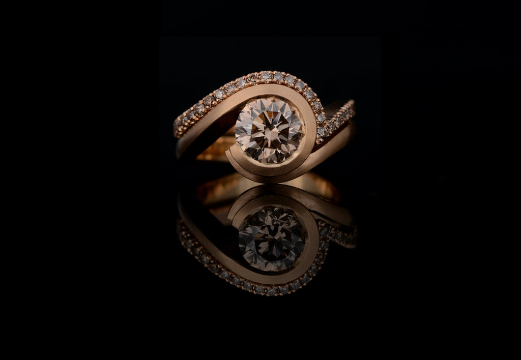 Cognac diamond engagement ring with diamond set band