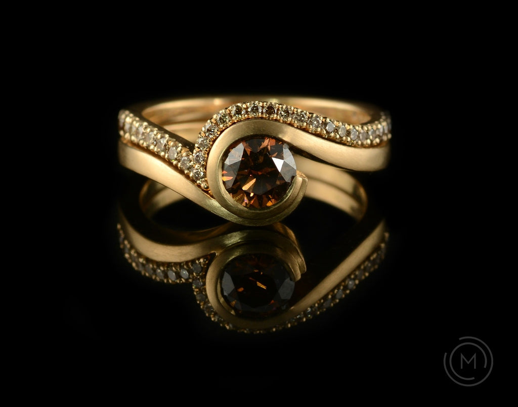Rose gold and cognac diamond engagement ring with fitted diamond wedding band