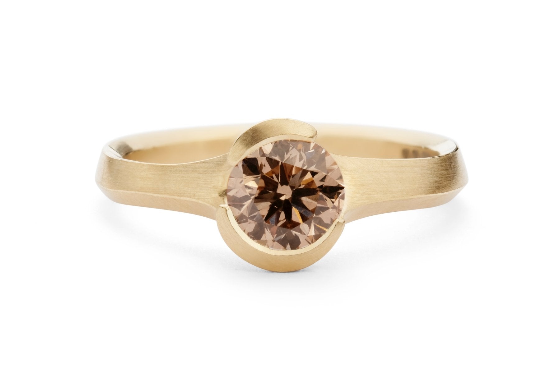 Hand carved rose gold Arris engagement ring with cognac diamond