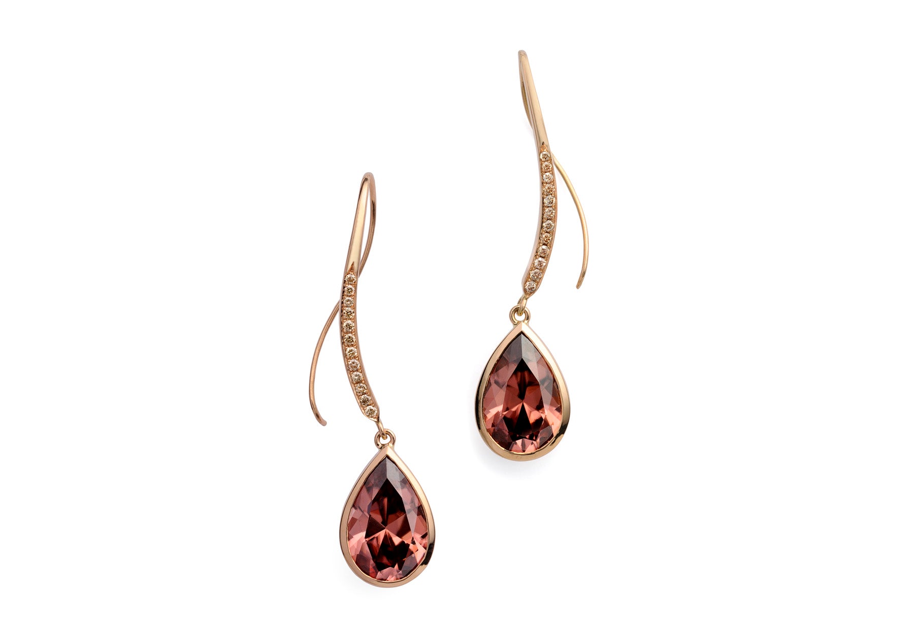 Forged rose gold Malay zircon and diamond bridal earrings