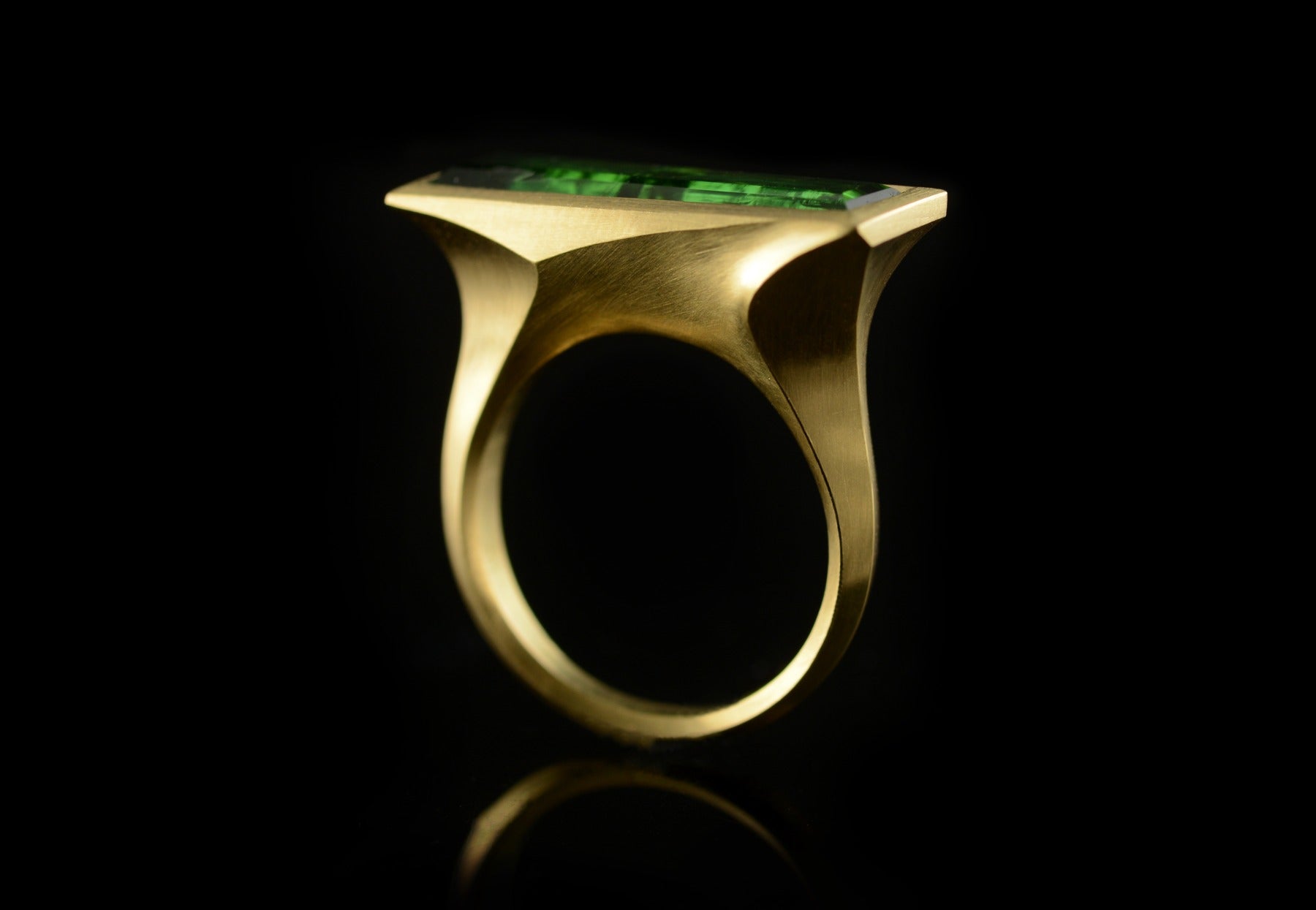 Arris yellow gold cocktail ring with baguette green tourmaline