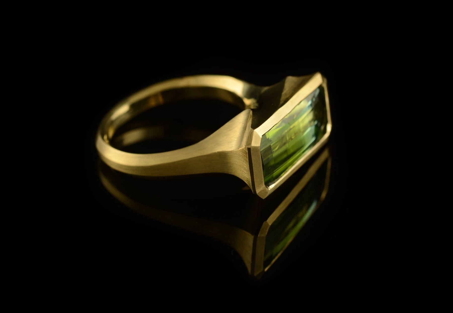 Carved yellow gold and green baguette tourmaline cocktail ring