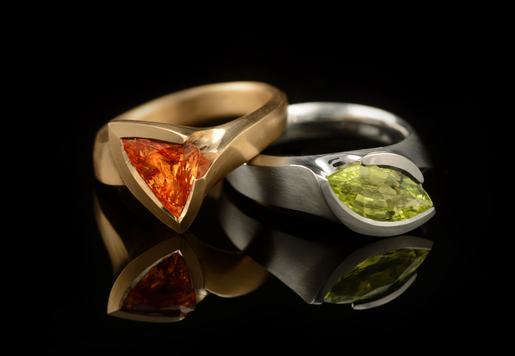 Chrysoberyl and mandarin garnet hand carved rings