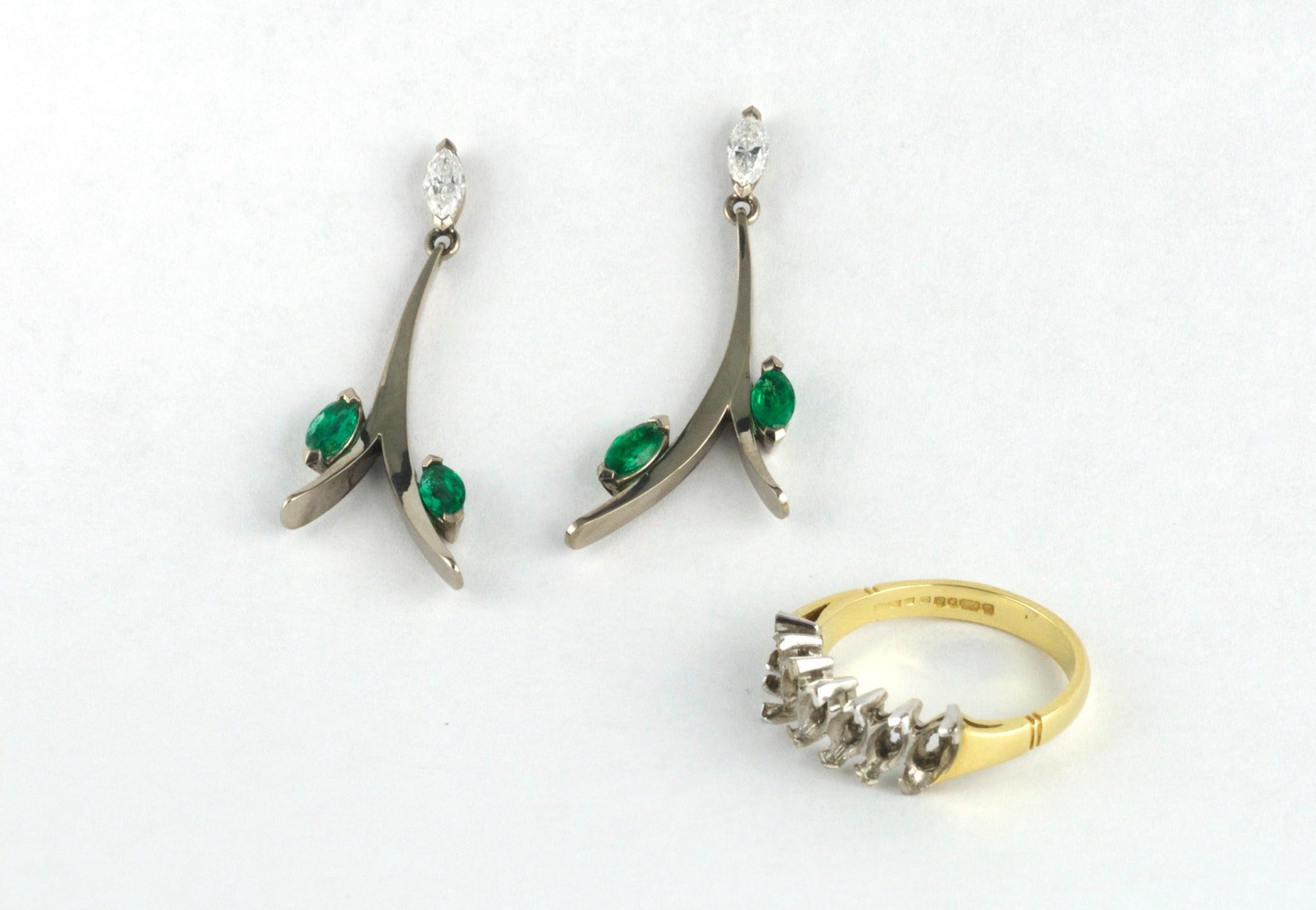 Forged white gold, emerald and diamond earrings