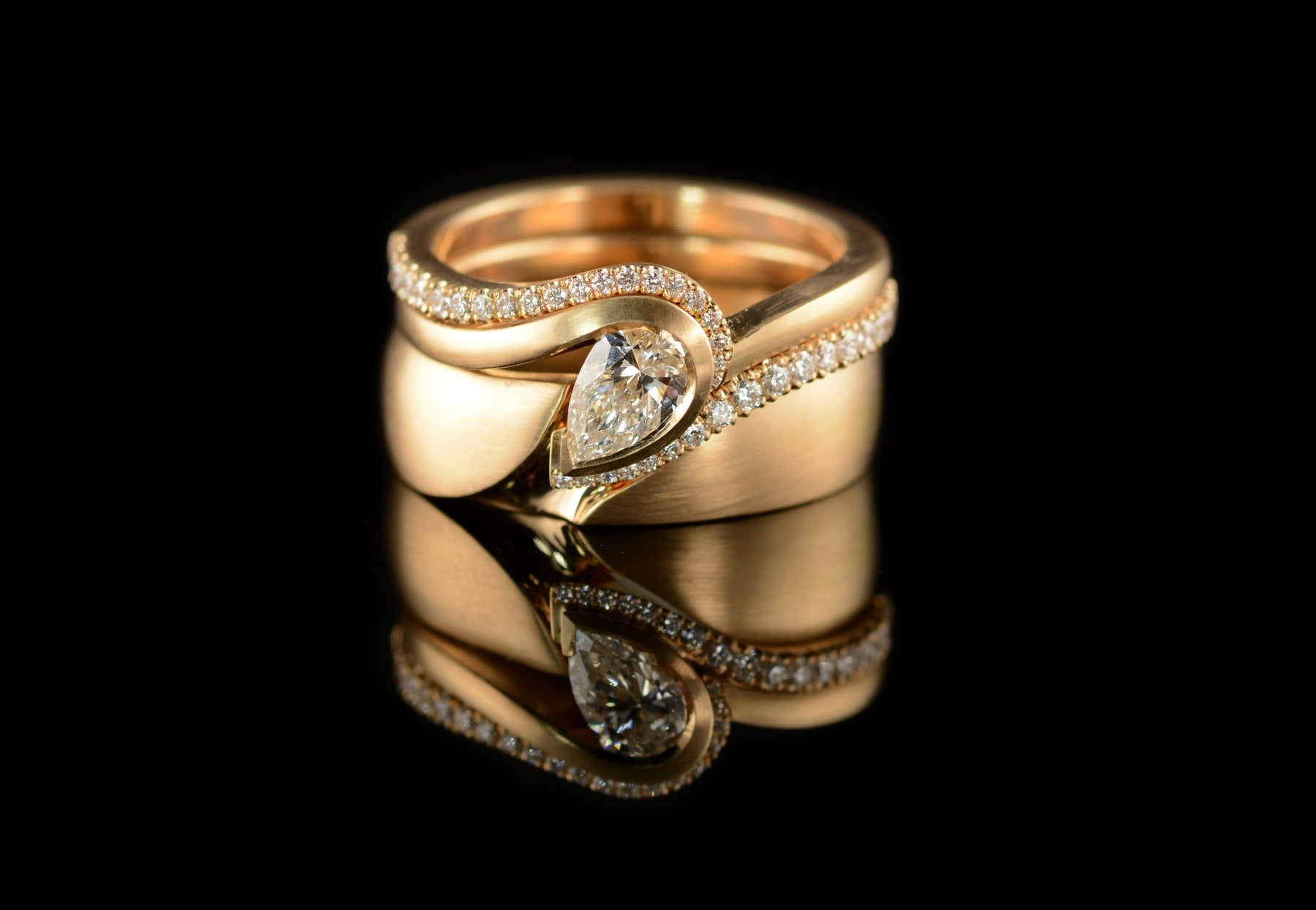 Wave pear diamond engagement and wedding ring set and matching mens ring