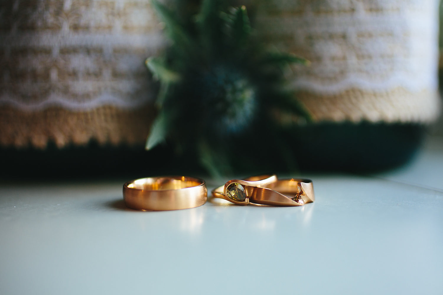 Rose gold and cognac diamond engagement and wedding ring set with carved fitted band