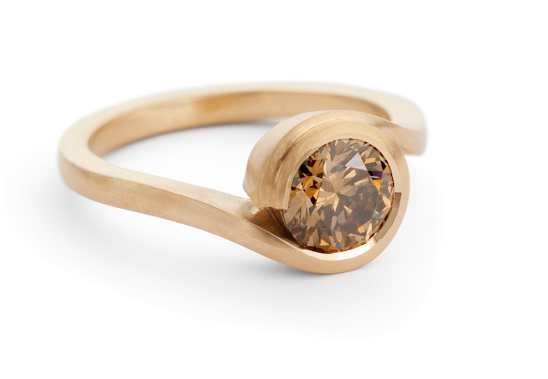 “Wave” rose gold engagement ring with cognac diamond