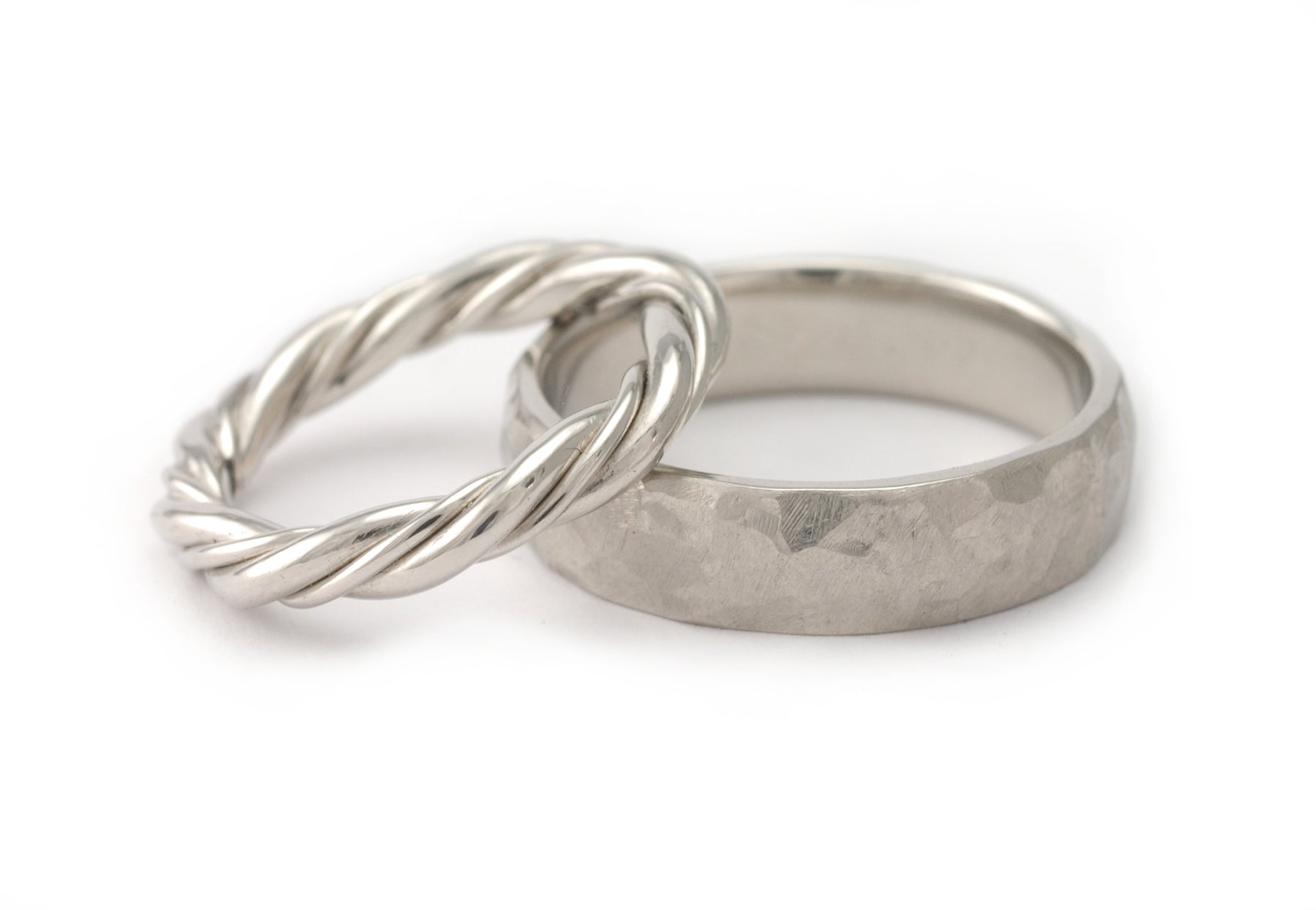 Twisted platinum and hammered wedding bands