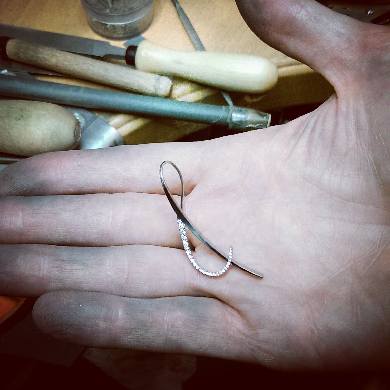 White gold and diamond earrings in progress