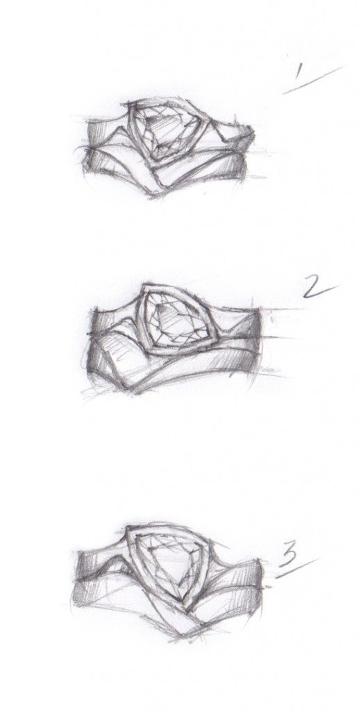 Sketches for a hand carved engagement and wedding ring set
