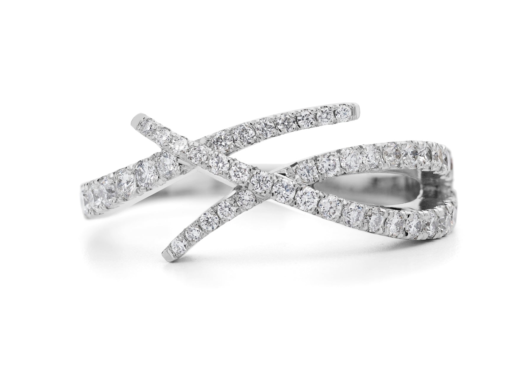 white gold and diamond crossover engagement and wedding ring