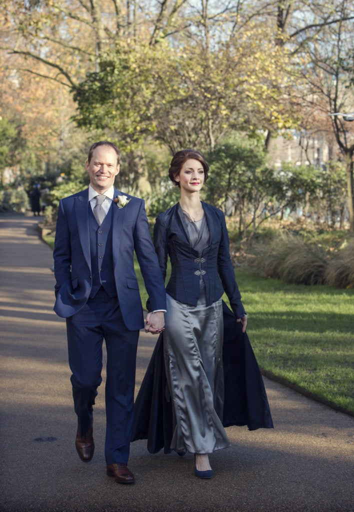 sapphire blue themed wedding dress and suit