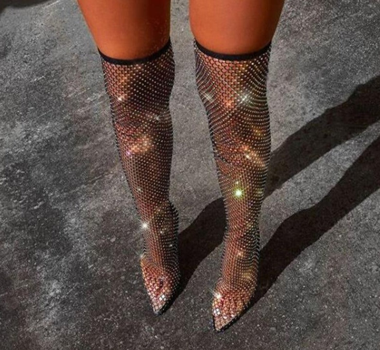 Women Black Bling Mesh Over The Knee High Heel Boots – SheHot Fashion