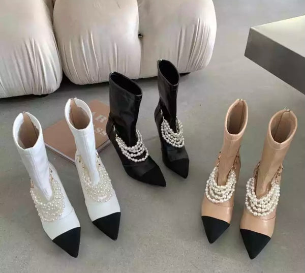 Women Pointed Toe Pearl Fashion Ankle Boots