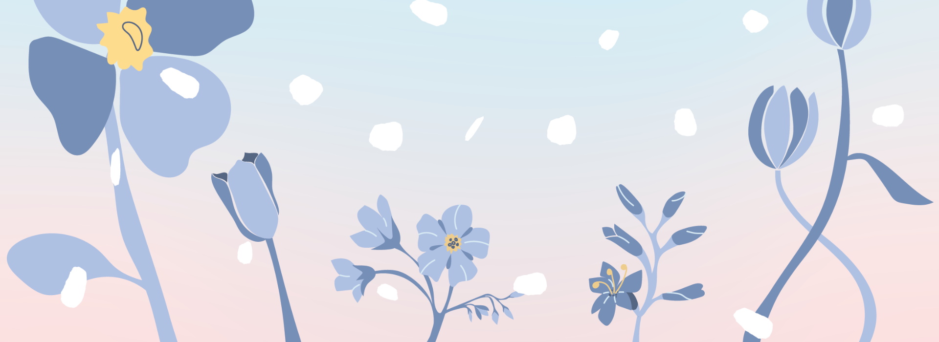 House of Organicin luonnollisen joulukalenterinen talvinen kuvitus, jossa lumihiutaleet laskeutuvat utuiselta pastellinsävyiseltä taivaalta sinertävien kukkien ylle.