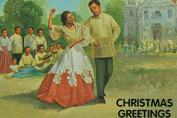 Old Christmas Card from The Philippines with couple dancing in front of a Church | Love to Sing