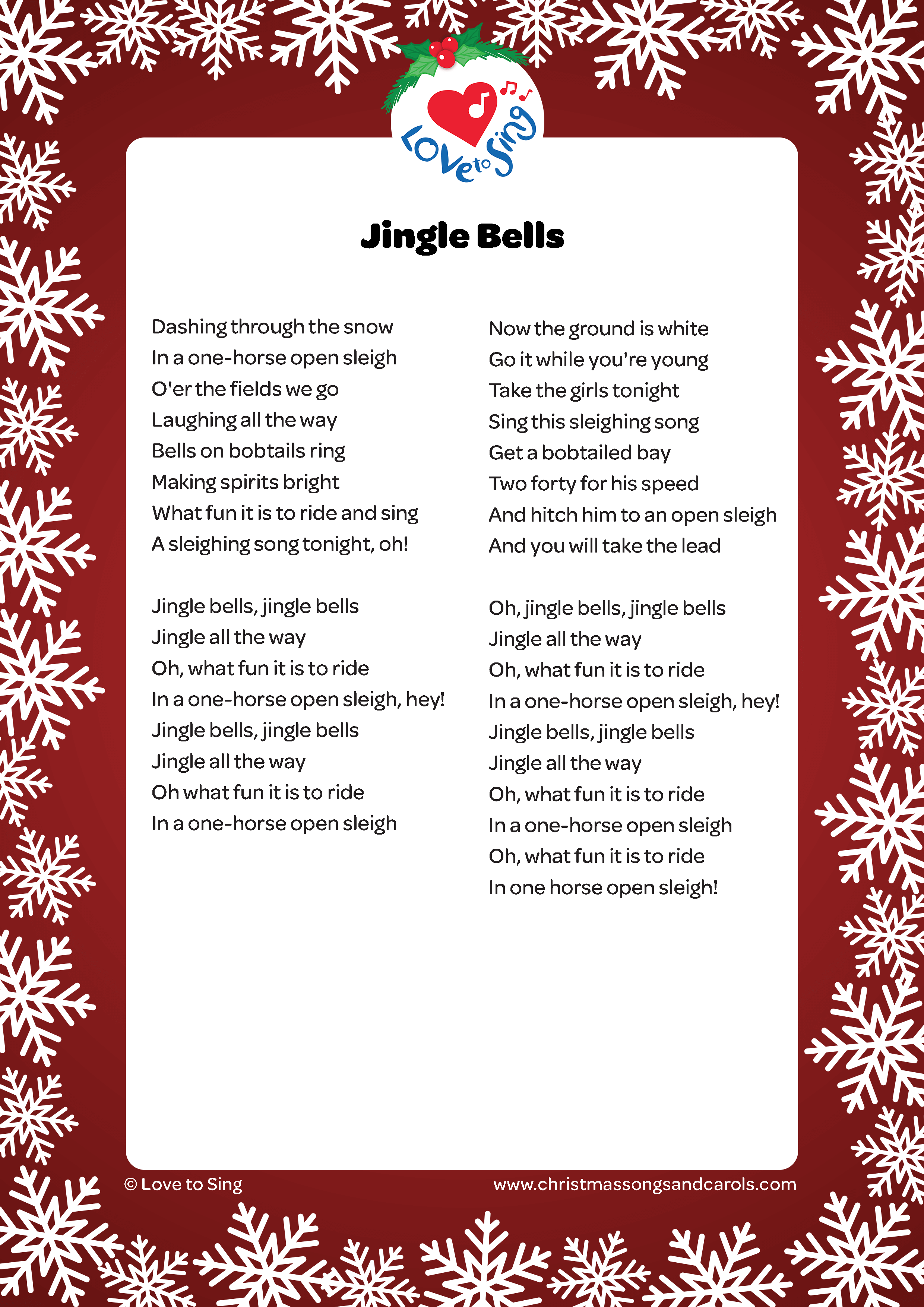 Lyrics Jingle Bells Printable