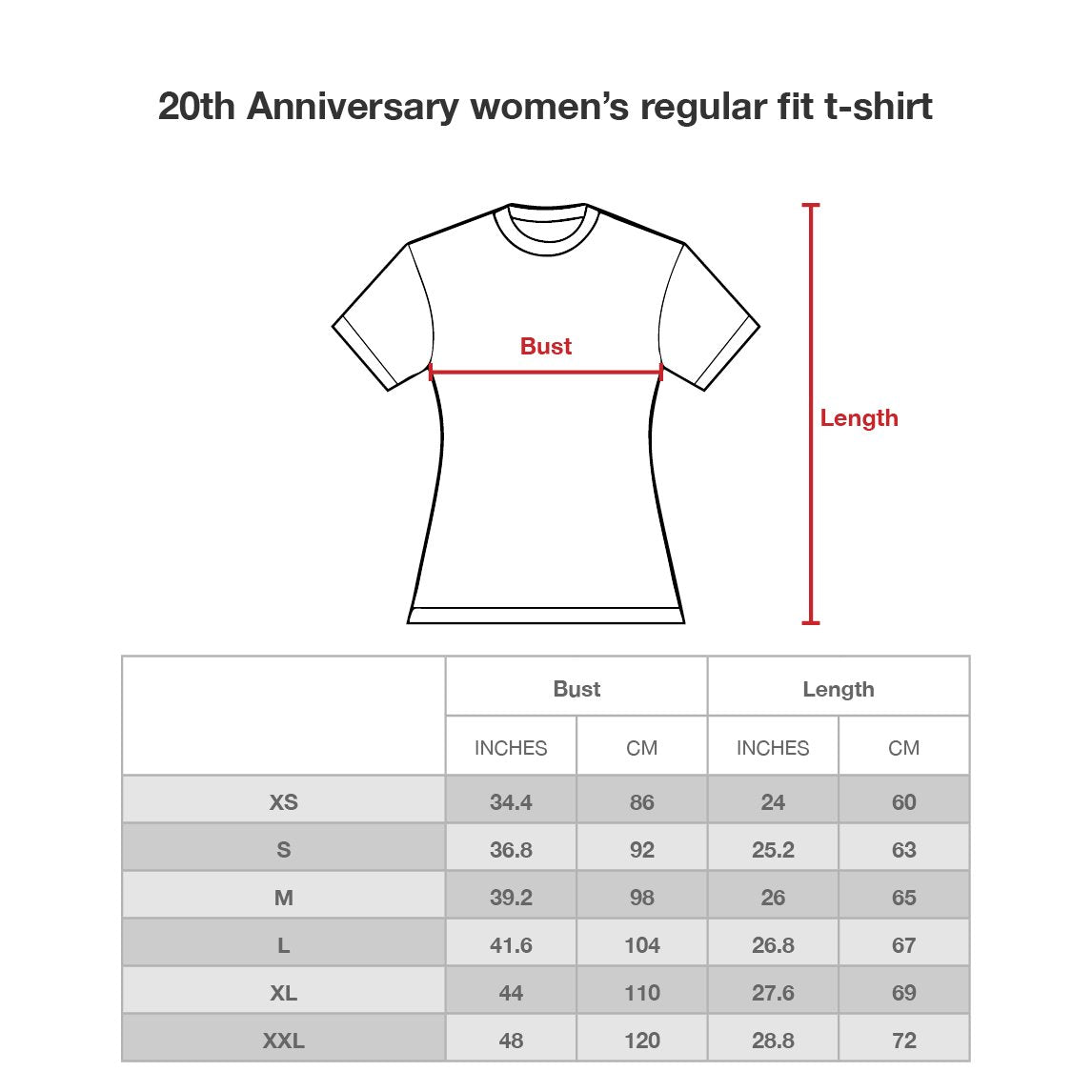 Strålende uren Colonial 20th Anniversary women t-shirt (off white) Size Chart – Animals Asia Shop  Hong Kong
