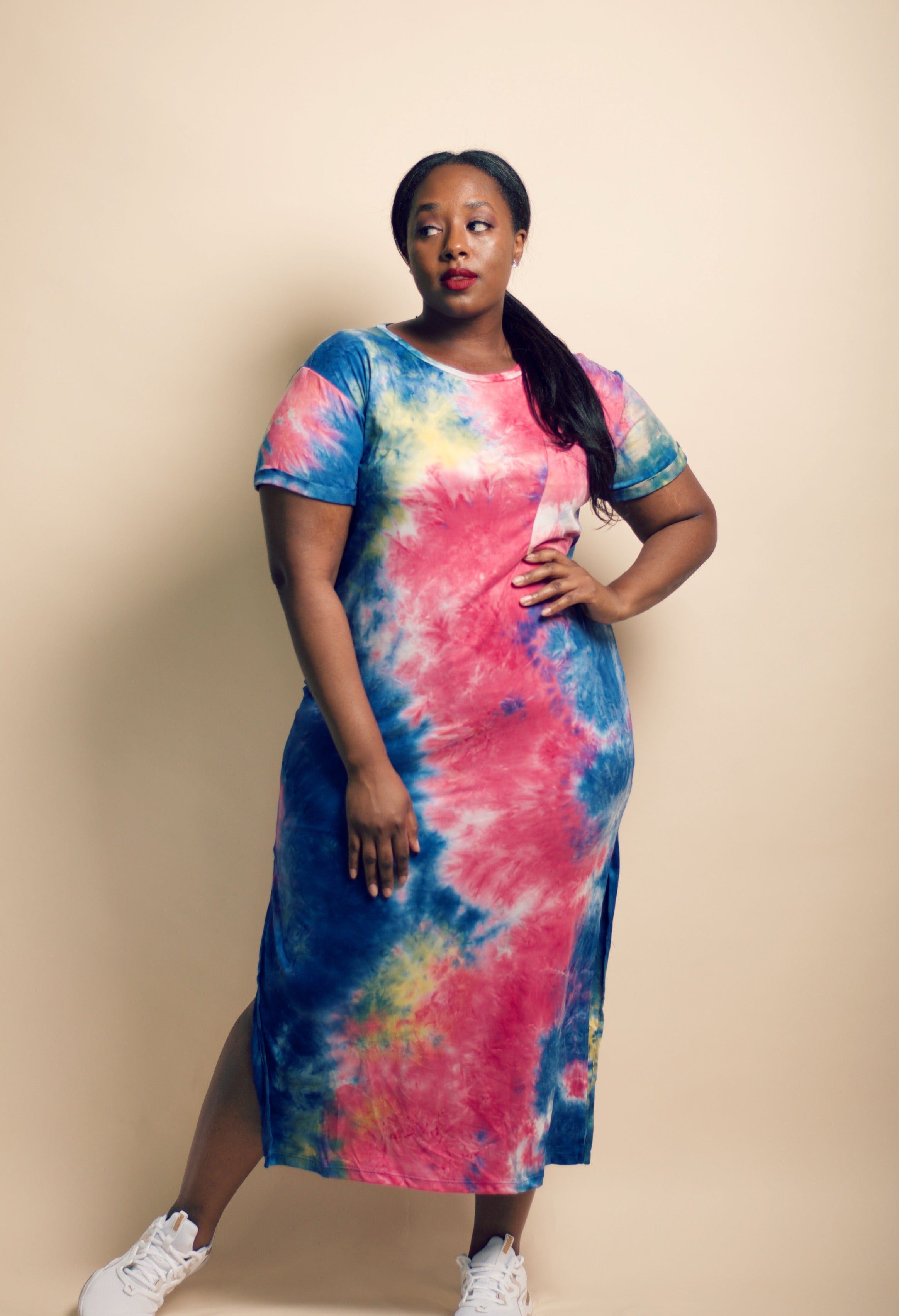 pink and blue tie dye dress