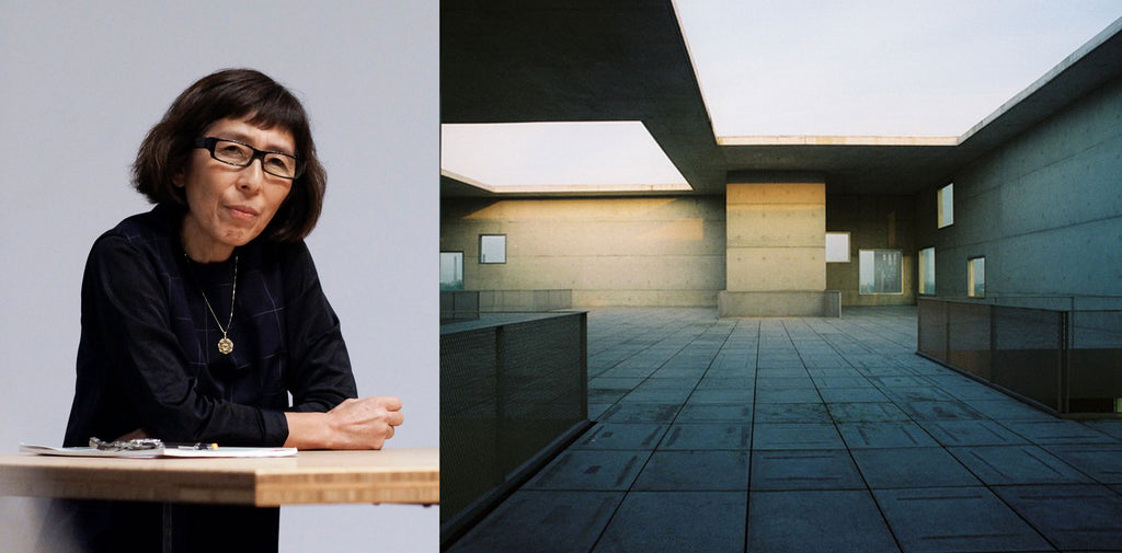 Left: Kazuyo Sejima at Columbia GSAPP, 2014, in an image by Columbia GSAPP. Right: An interior image, taken by Alena Hanzlová, of Zollverein School of Management and Design, Essen, Germany.